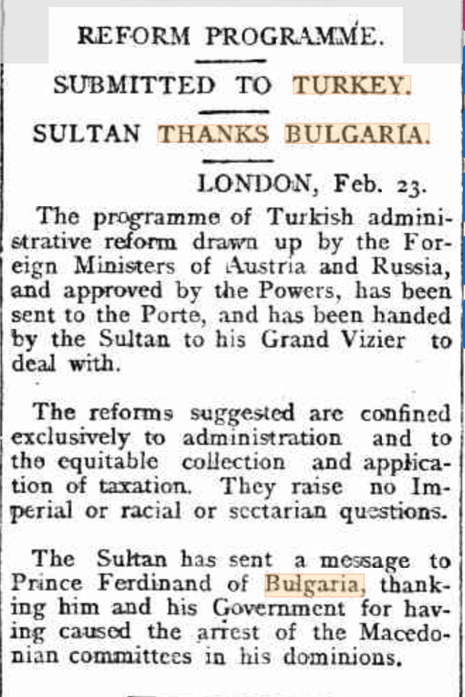 The Sultan thanks Ferdinand and the Bulgarian government for arresting the Macedonian comites. 
